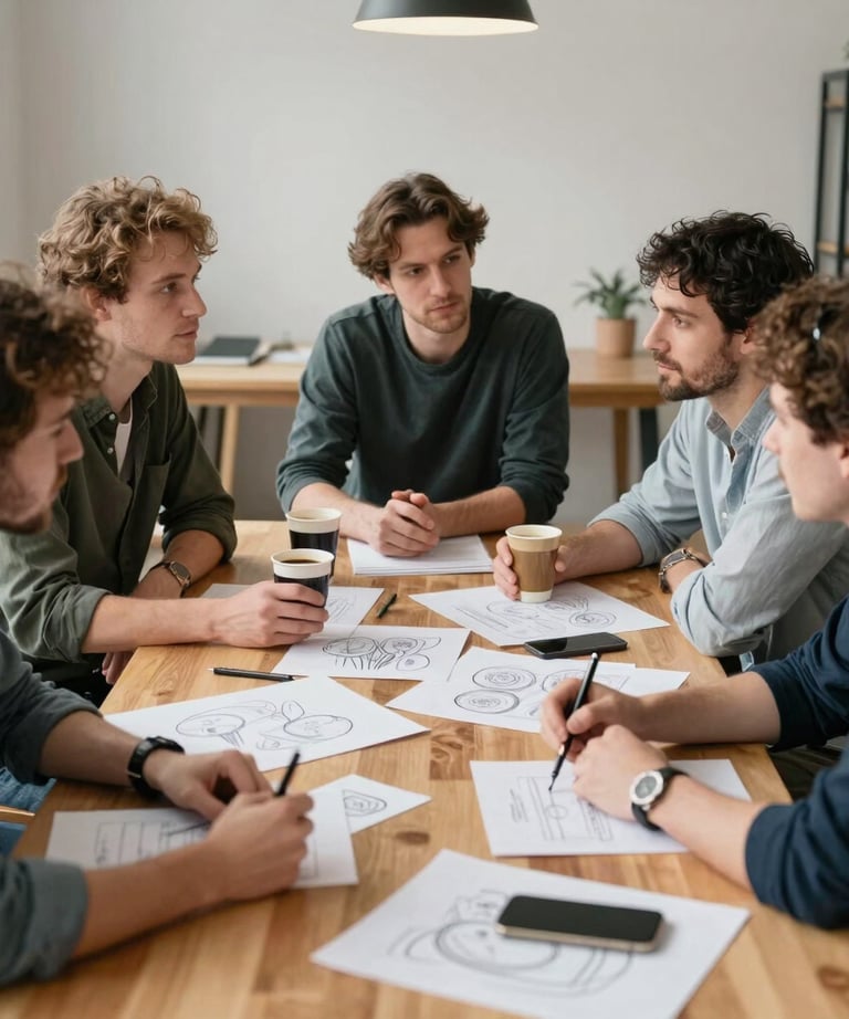 A team of food enthusiasts and creators gathered around a wooden table in a Scandinavian-style office, brainstorming with sketches and coffee.