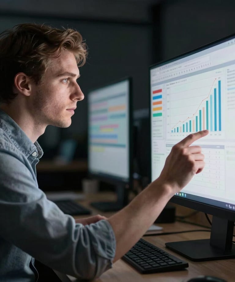 A digital marketer analyzing data charts on a screen in a dark, professional office, reflecting light on their face, Northern European / North American.