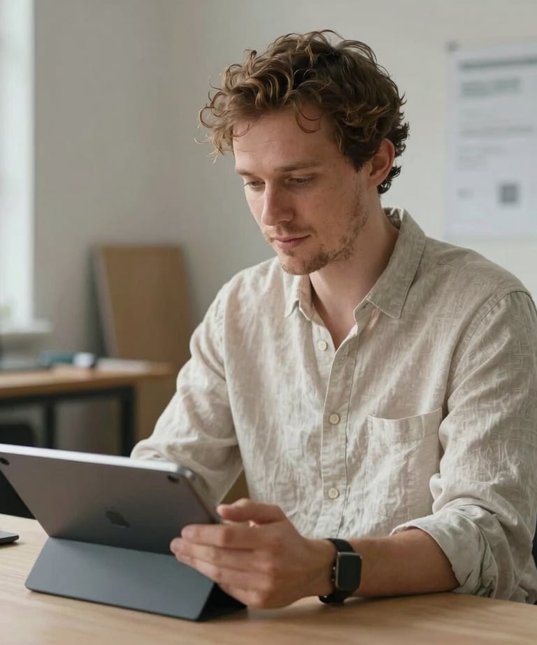 Candid portrait of a creative strategist in a light-filled workshop, wearing a simple linen shirt, working on a digital tablet, Northern European / North American.