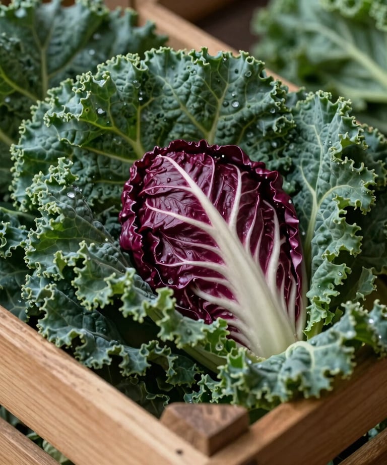 A cinematic close-up of dark green kale leaves and deep red radicchio in a wooden crate, captured with professional culinary photography lighting.