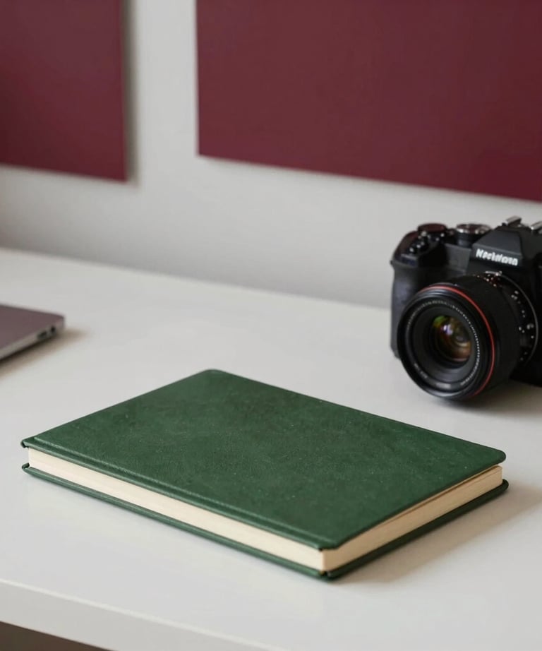 A minimalist design studio desk featuring a matte forest green notebook, a high-end camera, and a mood board with Deep Ripe Crimson accents, Northern European / North American style.