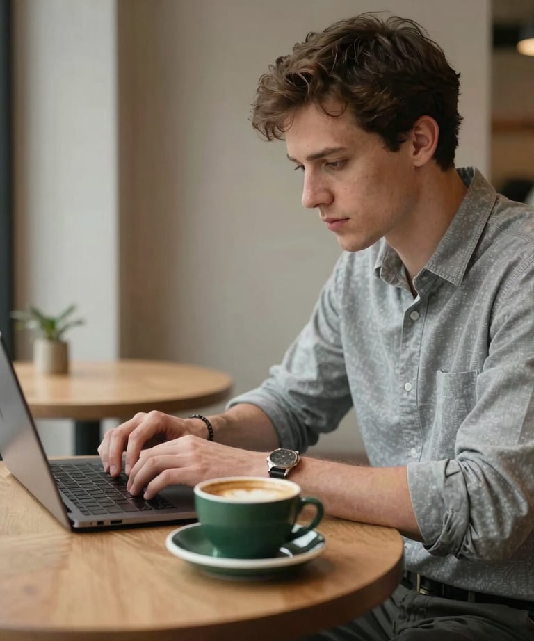 A community manager typing on a high-end laptop in a minimalist cafe, a dark forest green cup of coffee sitting nearby, Northern European / North American.