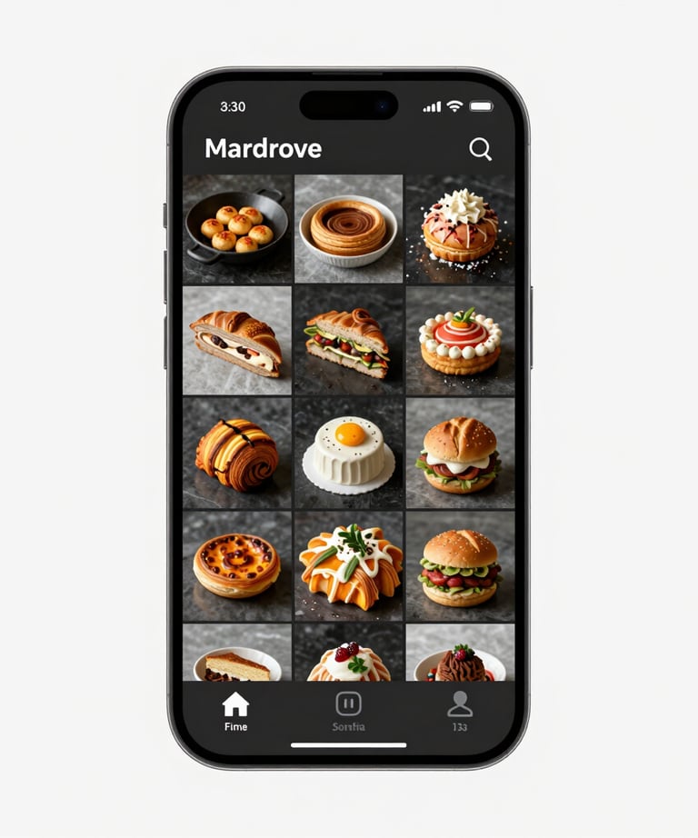 A minimalist social media grid preview on a modern smartphone, showcasing high-contrast food photography and clean typography.