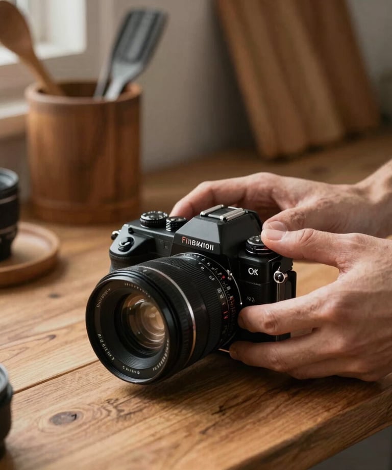 A lifestyle photographer adjusting a vintage lens on a wooden workbench, surrounded by rustic kitchen props, Northern European / North American.