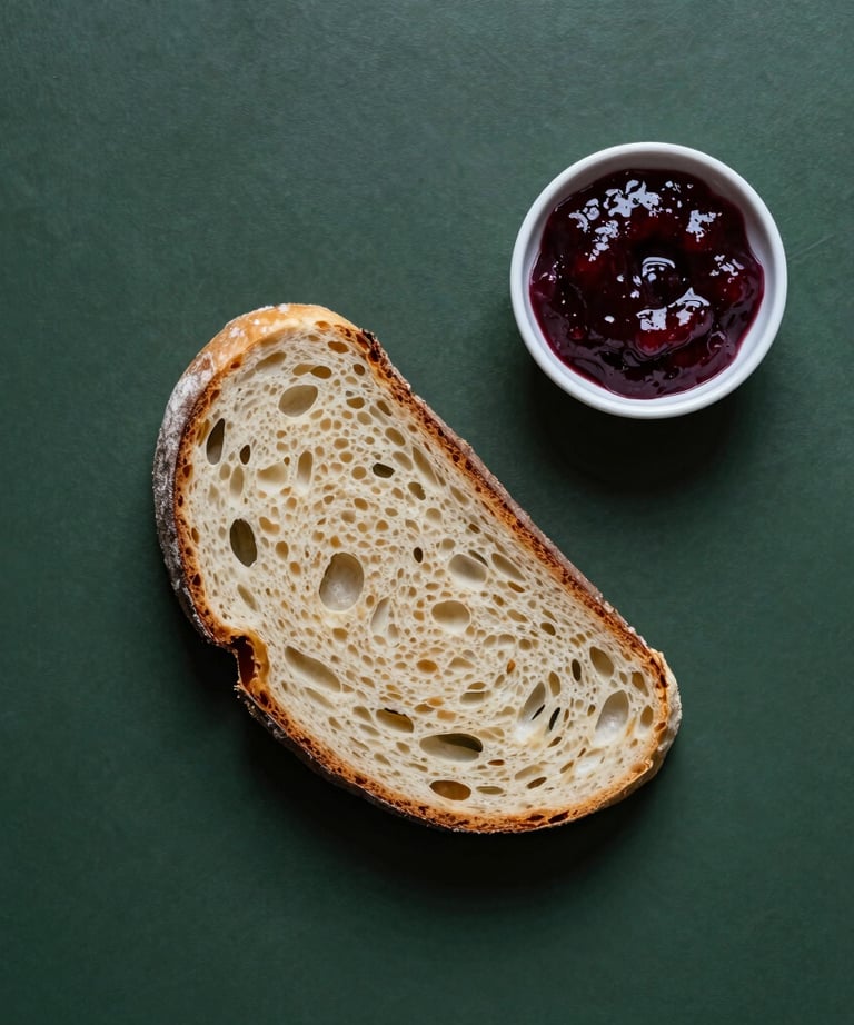 Artistic top-down photo of a dark forest green table with a single slice of sourdough bread and a small bowl of deep red jam, minimalist style.
