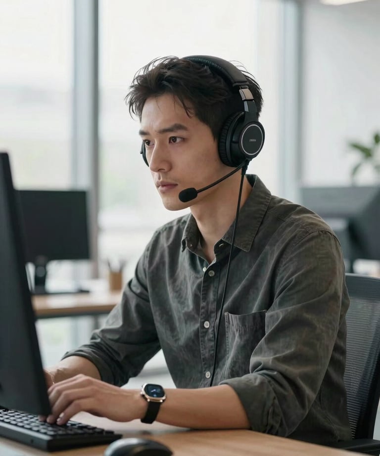 Portrait of a creative producer wearing headphones in a modern workspace, natural morning light, sophisticated and focused mood.