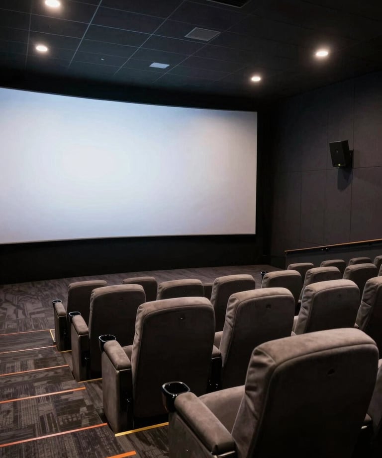 Interior of a modern screening room with a large screen and comfortable chairs, dark color palette, sophisticated lighting.
