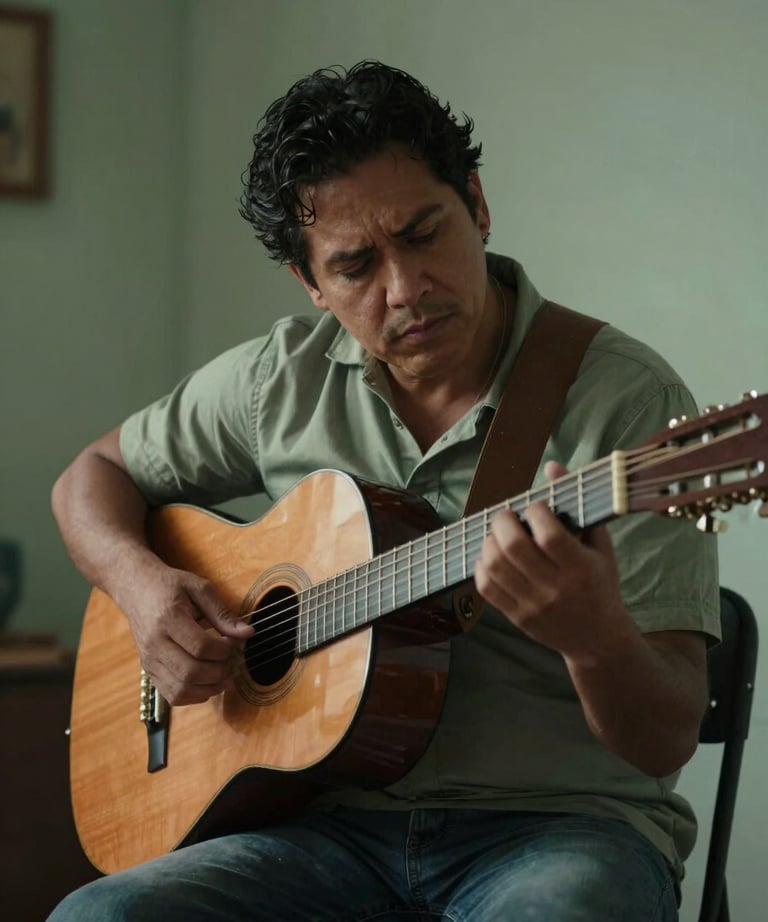 Cinematic shot of a musician playing an acoustic guitar in a dimly lit room, soft sage green lighting, Latin American / Spanish-speaking vibe.