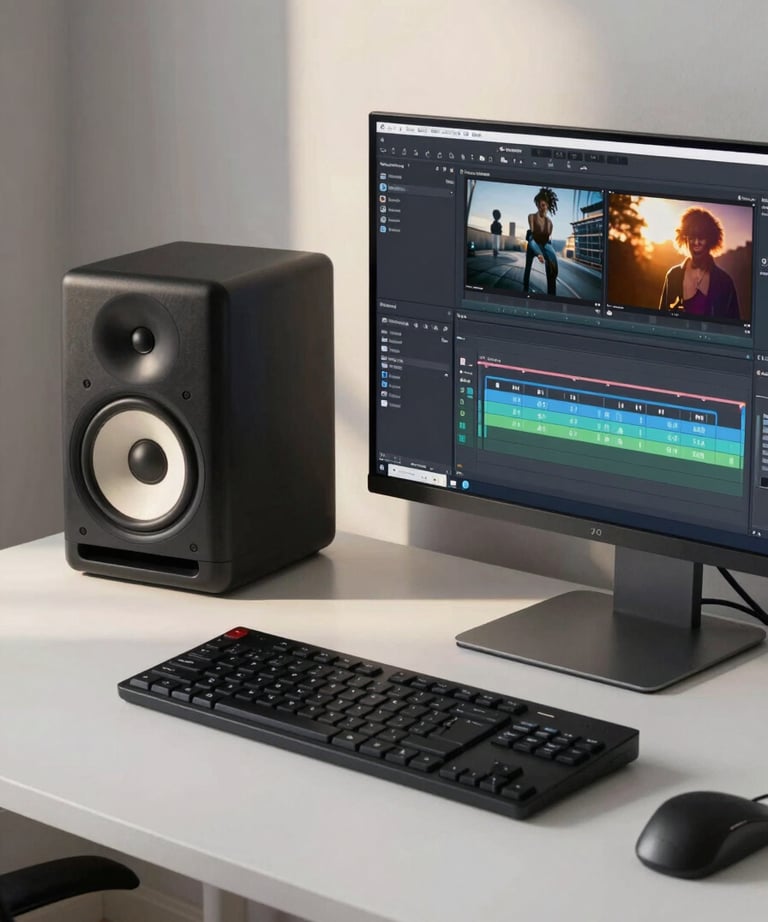 Minimalist desk with high-end audio monitors and a large monitor displaying a film editing timeline, soft morning light.