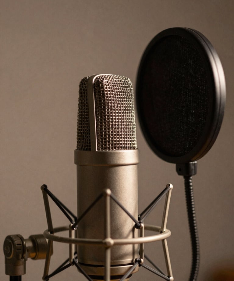 Close-up of a high-quality studio microphone with a pop filter, warm moody lighting, professional and artistic feel.
