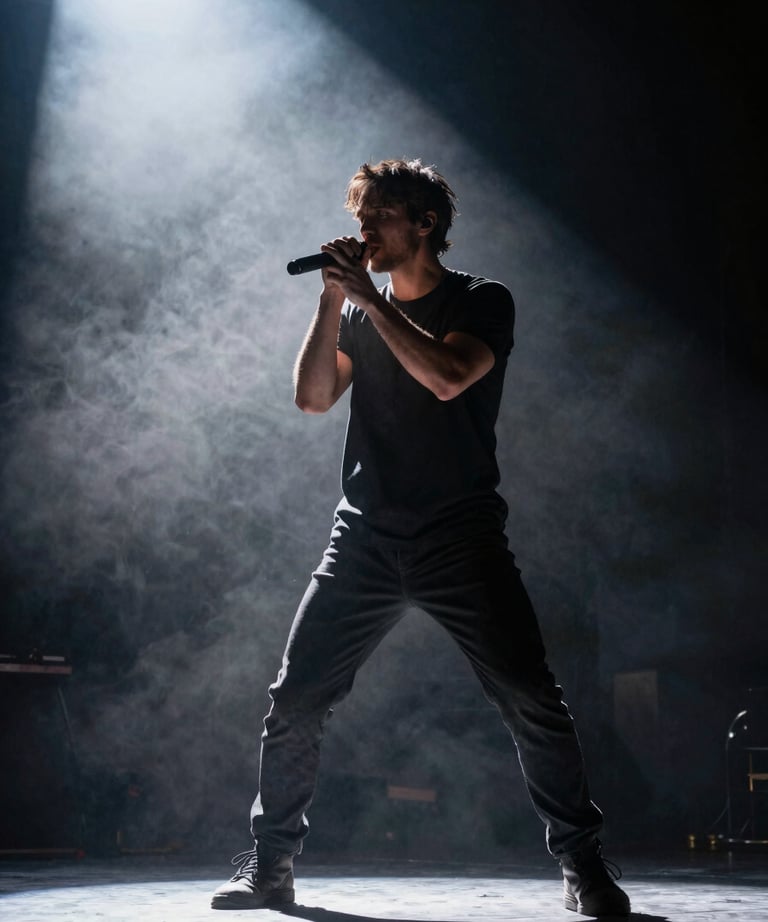 Artist performing on a dark stage with heavy backlighting and fog, cinematic photography, dramatic and powerful mood.