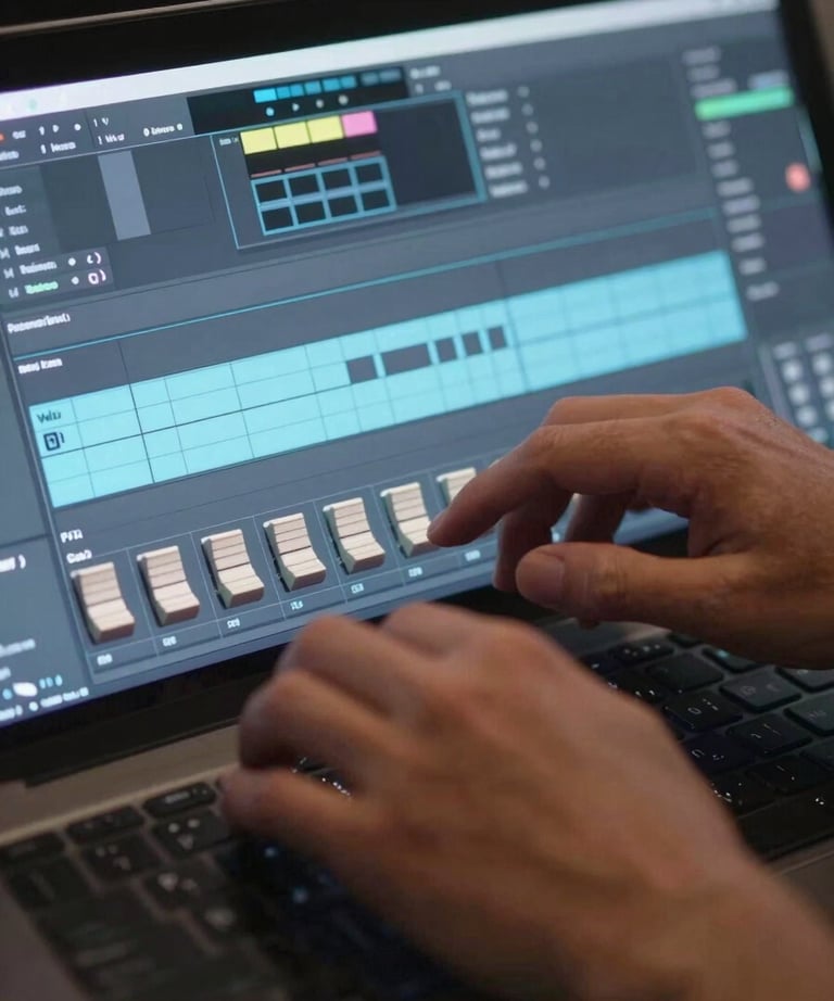 Close-up of hands working on a digital audio workstation (DAW), glowing software interface in pale blue, creative process.
