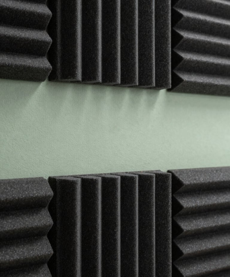 Studio detail of soundproofing panels in dark charcoal with a soft sage green light strip, modern and professional.
