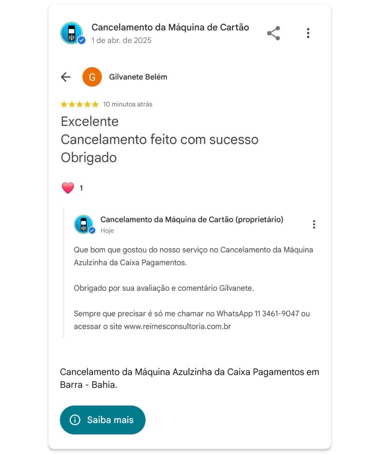 Cancelamento da Maquina Azulzinha da Caixa Pagamentos em Barra Bahia