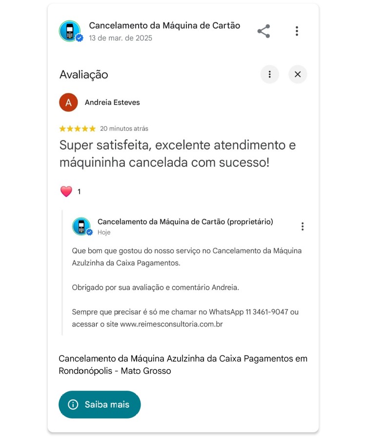 Cancelamento da Maquina Azulzinha da Caixa Pagamentos em Rondonopolis Mato Grosso