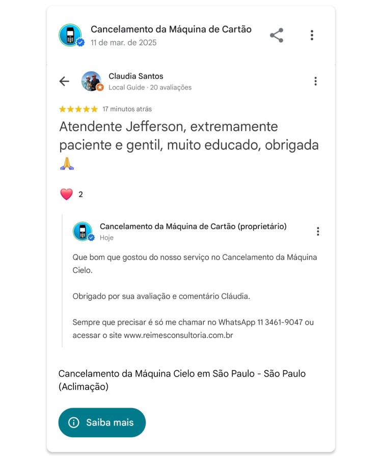 Cancelamento da Maquina Cielo em Sao Paulo Aclimacao