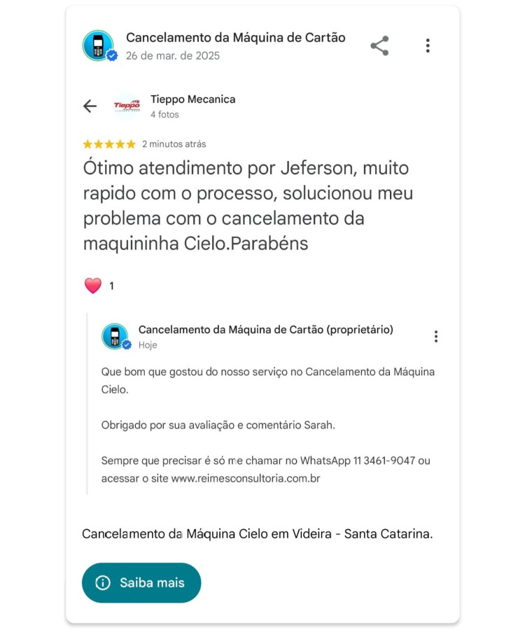 Cancelamento da Maquina Cielo em Videira Santa Catarina