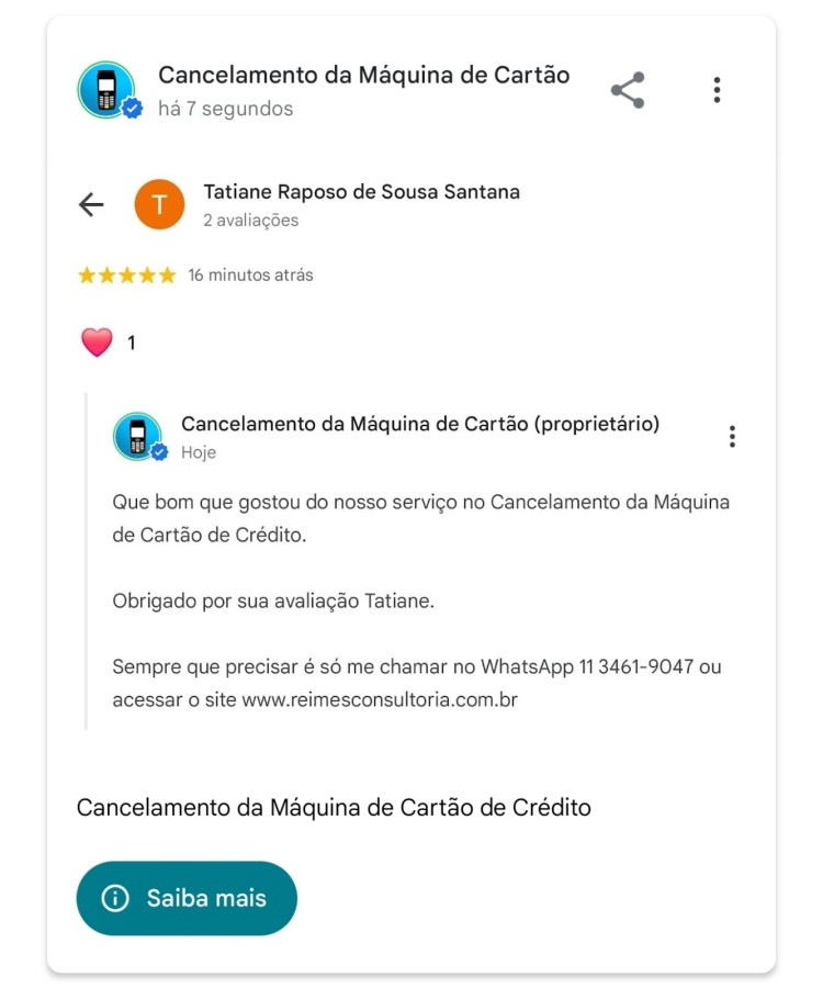 Cancelamento da Maquina de Cartao de Credito