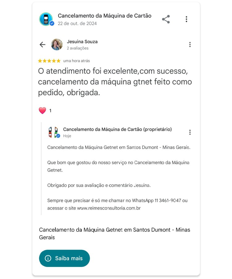 Cancelamento da Maquina Getnet em Santos Dumont Minas Gerais