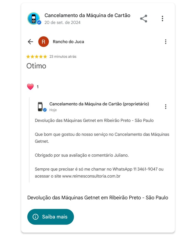 Devolucao da Maquina Getnet em Ribeirao Preto Sao Paulo