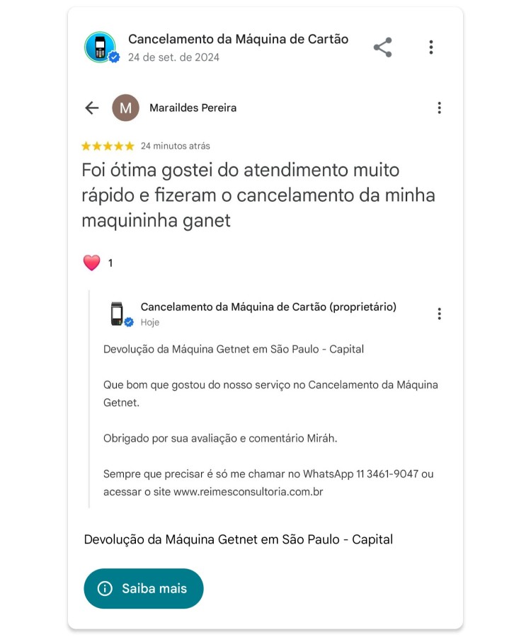 Devolucao da Maquina Getnet em Sao Paulo Capital