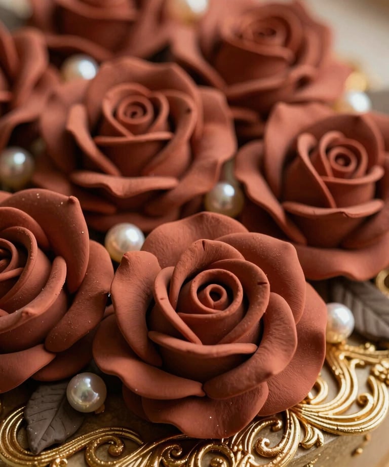 A close-up of a gourmet wedding cake adorned with gold leaf and red roses.