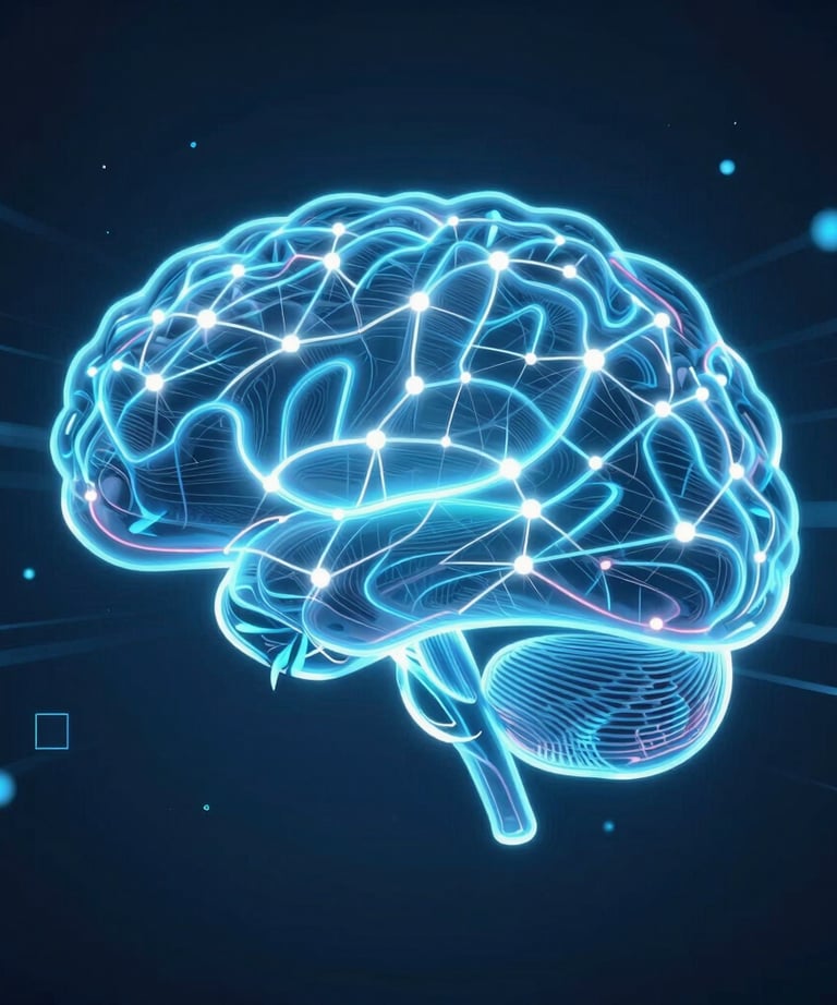 Close-up of a digital brain with interconnected neurons glowing in a cosmic space setting.