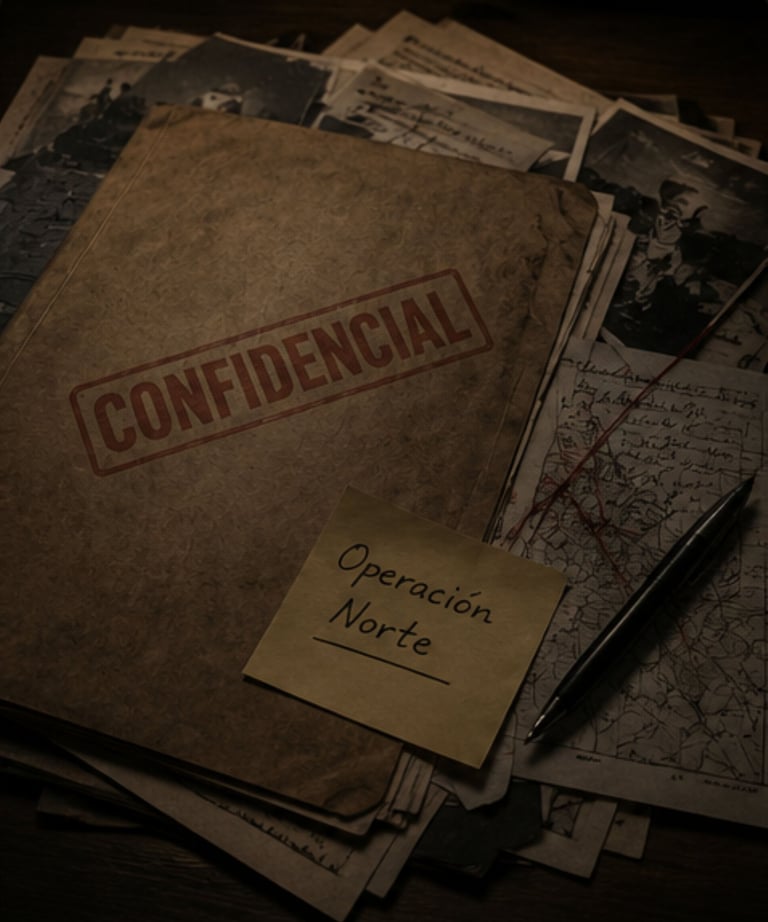 Vintage confidential folder with Operacion Norte note, old maps, and a pen.