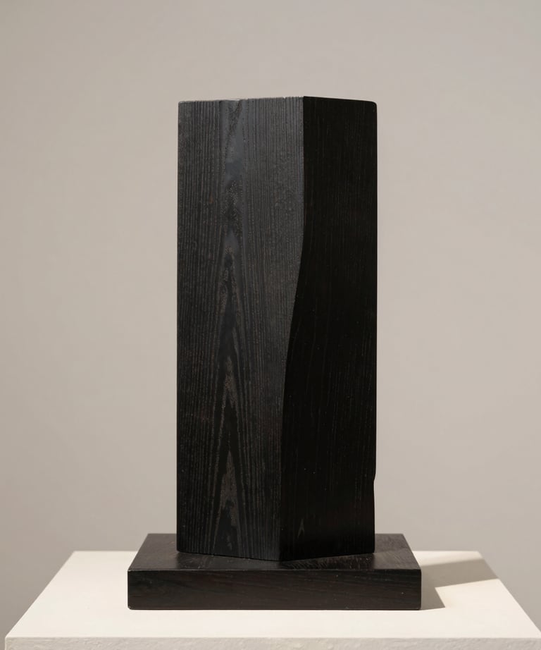 Minimalist photography of a black wooden sculpture on a pedestal against an off-white wall. French gallery style.