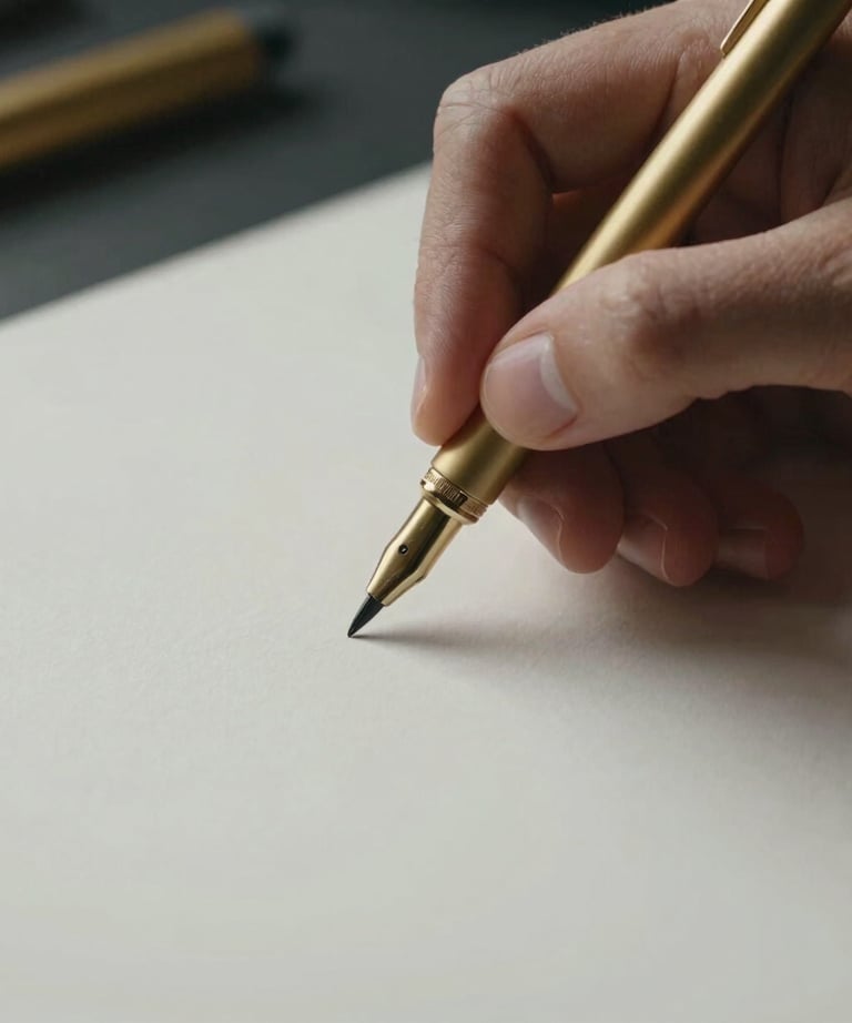 Close-up photography of a professional artist using a matte gold pen on premium thick paper. French minimalist aesthetic.