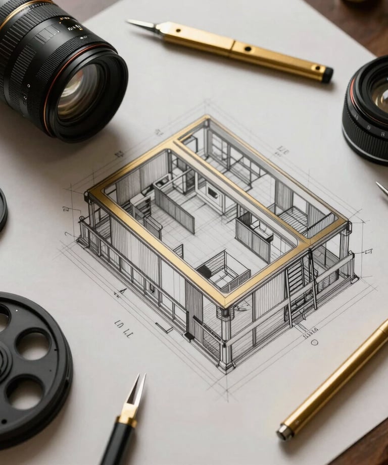 A top-down shot of a large architectural drawing with drafting tools in an orderly arrangement. Matte gold and black theme.