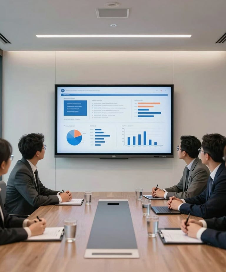 A high-quality photo of a modern office meeting room with a large screen displaying business data. The room is empty but ready for a strategy session. Clean and professional North American office.