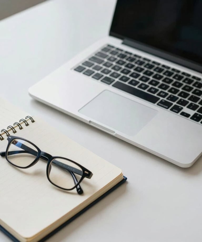 A high-angle view of a professional desk with a laptop, a notebook, and a pair of glasses. The palette is professional and calm with navy and off-white tones.