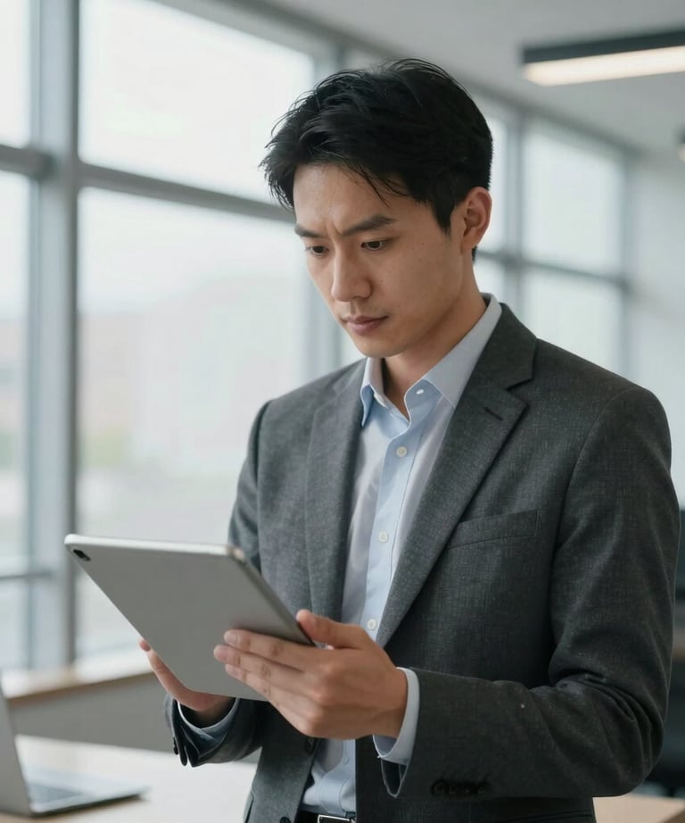 A professional portrait of a data analyst in business attire, looking at a tablet in a modern office with large windows. The lighting is bright and clear. Professional expertise focused.