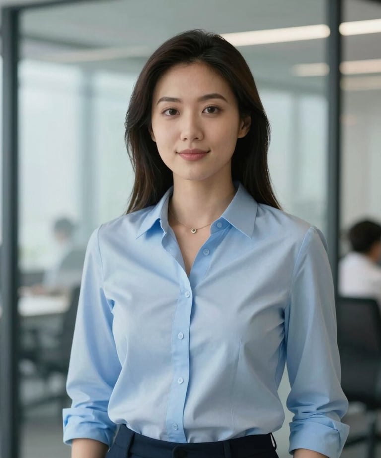 A professional portrait of a female operations specialist in a light blue blouse, standing in front of a glass wall in a bright office environment. Modern North American style, conveying expertise and insight.