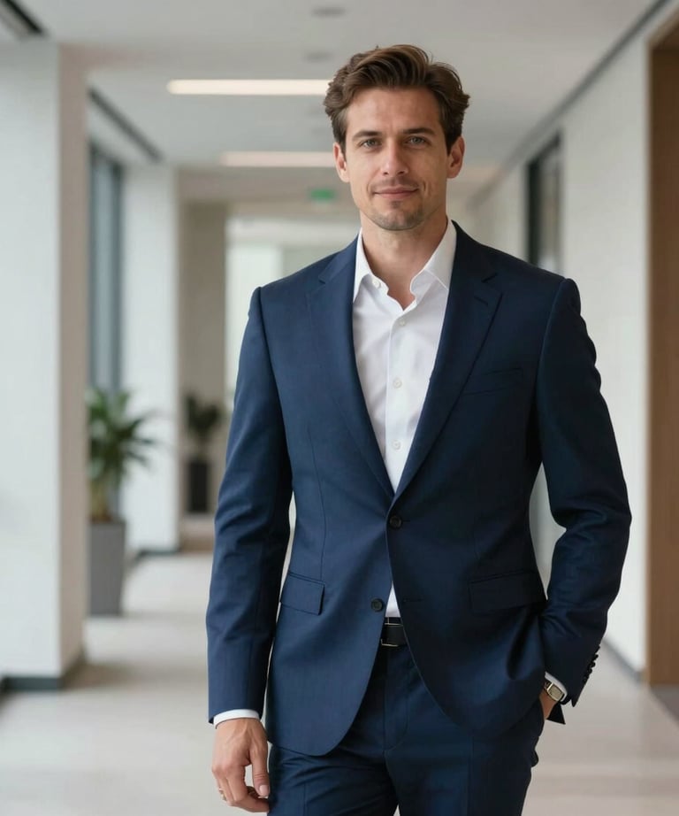 A professional portrait of a male business strategist in a navy blue suit, standing in a modern office hallway with clean architectural lines. North American setting, confident and approachable expression.