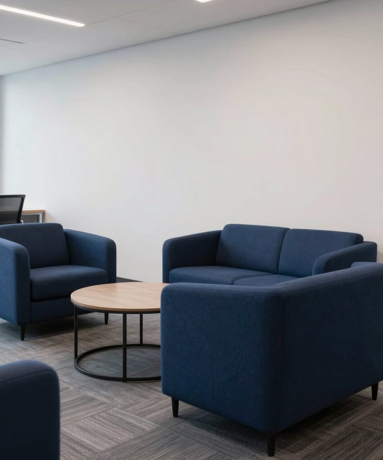 A professional shot of a modern office lounge area with stylish navy blue furniture and clean white walls. The lighting is soft and inviting. Representative of a high-quality North American work environment.