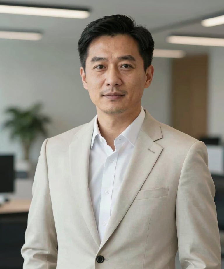 A professional portrait of a project manager in a light-colored suit in a modern office setting. The style is professional, clean, and modern North American.