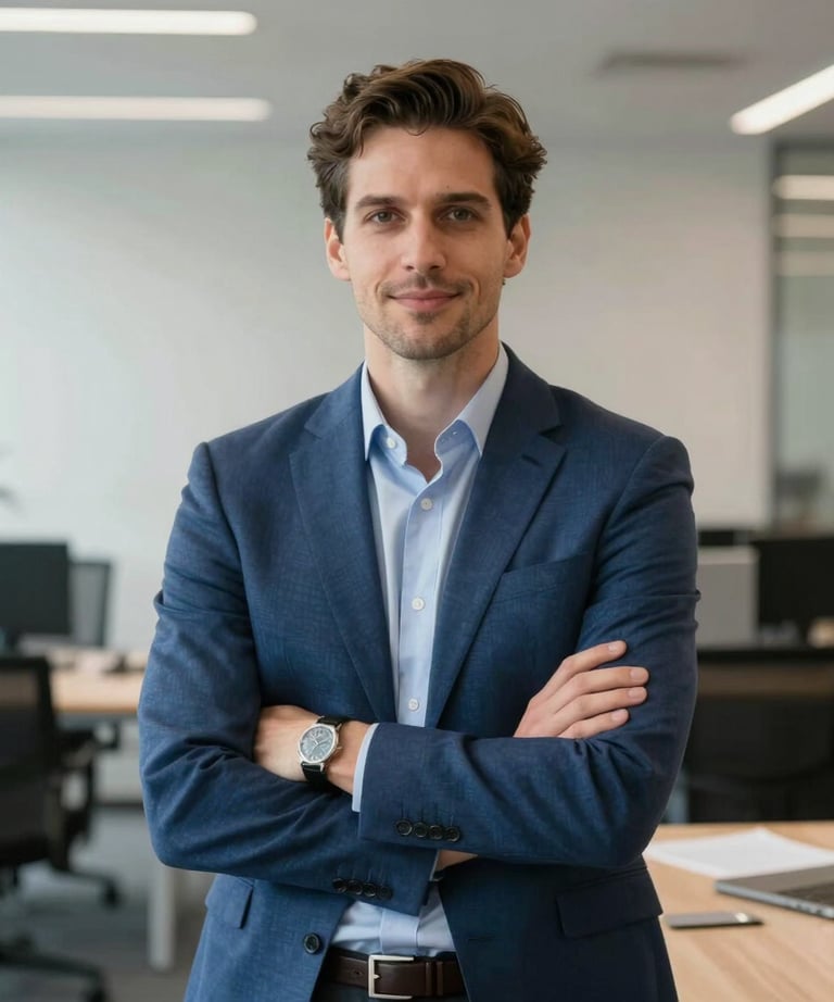 A professional portrait of a brand strategist in an office setting. They are wearing professional clothing in shades of blue. The background is a clean, modern workspace in North America.