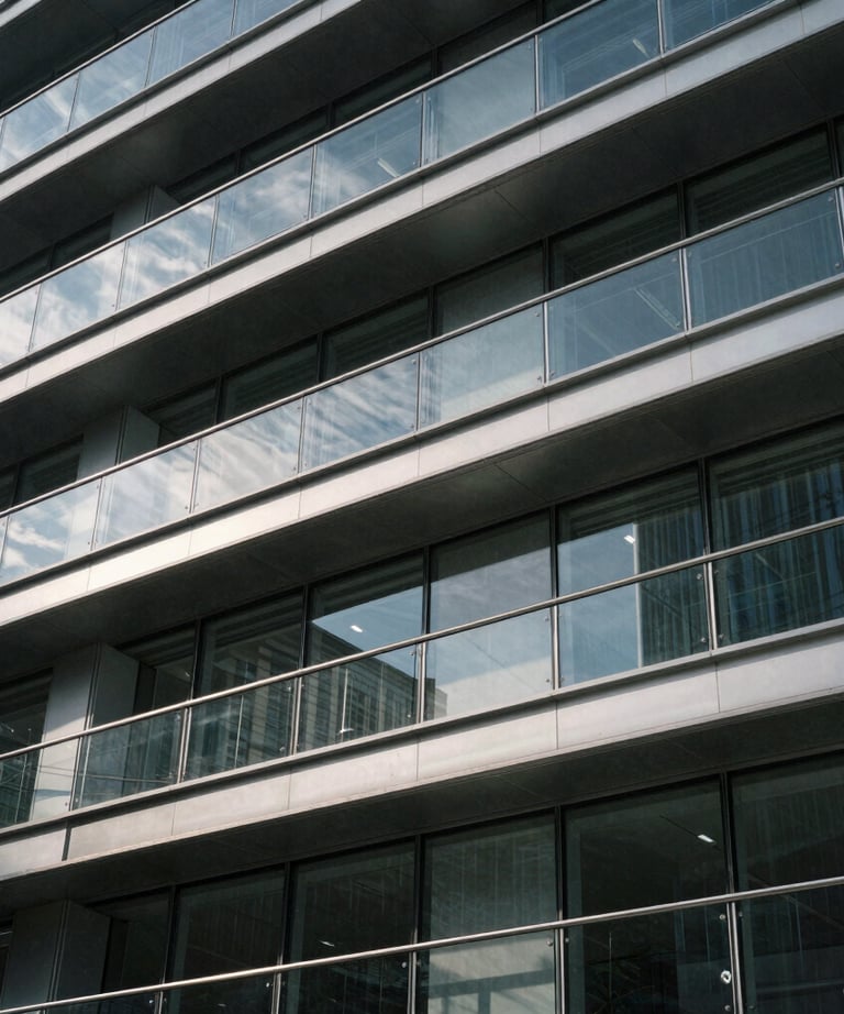 Close-up of a modern architectural structure made of steel and glass, catching the sunlight. The composition is abstract and professional, highlighting innovation.