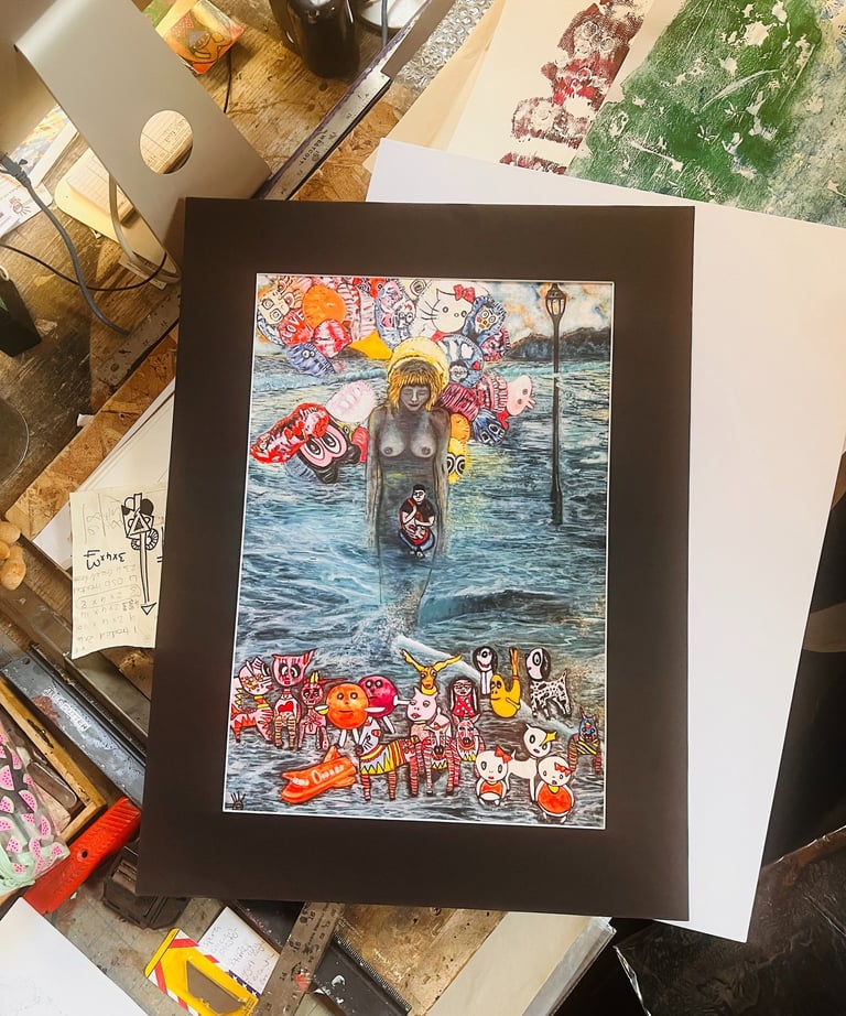 Surreal mixed media painting featuring a woman in water surrounded by colorful pop art characters.