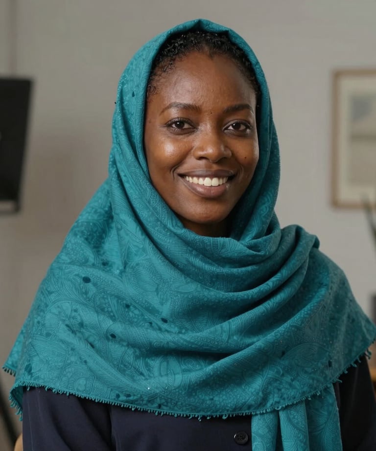 A professional portrait of an African / Pan-African woman with a warm smile, wearing a stylish teal scarf, in a creative studio environment.