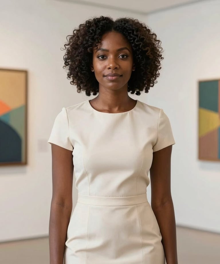 Portrait of an African / Pan-African woman in a professional off-white dress, standing in a bright gallery-style space with creative artwork in the background.