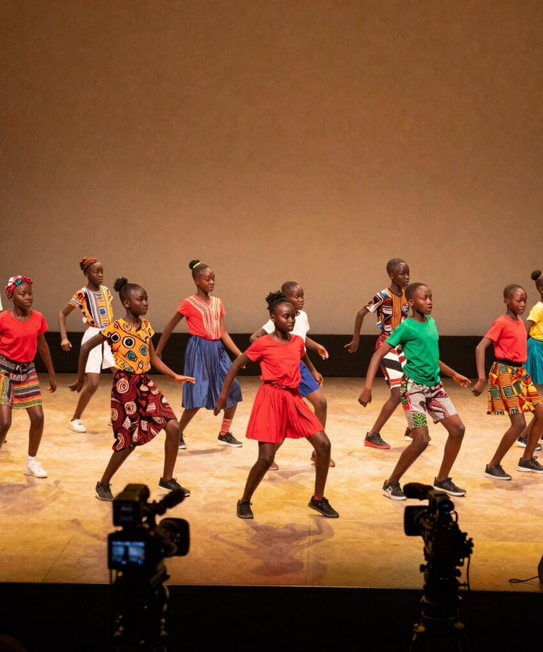 A wide angle shot of a vibrant African / Pan-African youth talent show. A group of kids is performing a choreographed dance on a stage under warm yellow lights, with a professional camera crew in the foreground.