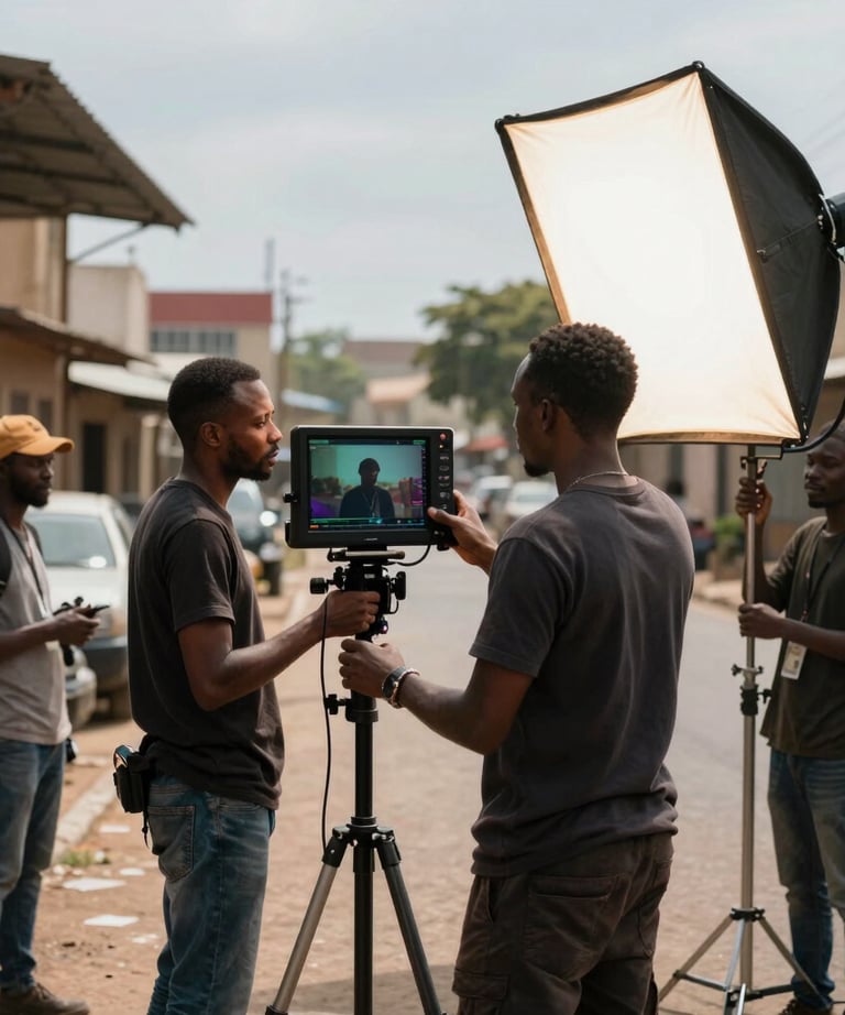 A cinematic shot of a professional film set in an African / Pan-African urban area. A director is reviewing a scene on a monitor while the lighting crew adjusts a large softbox.