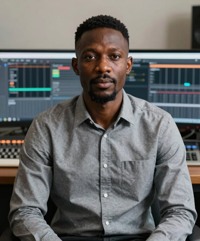 Portrait of an African / Pan-African man in a professional grey shirt, sitting in front of a digital audio workstation with various mixing tools.