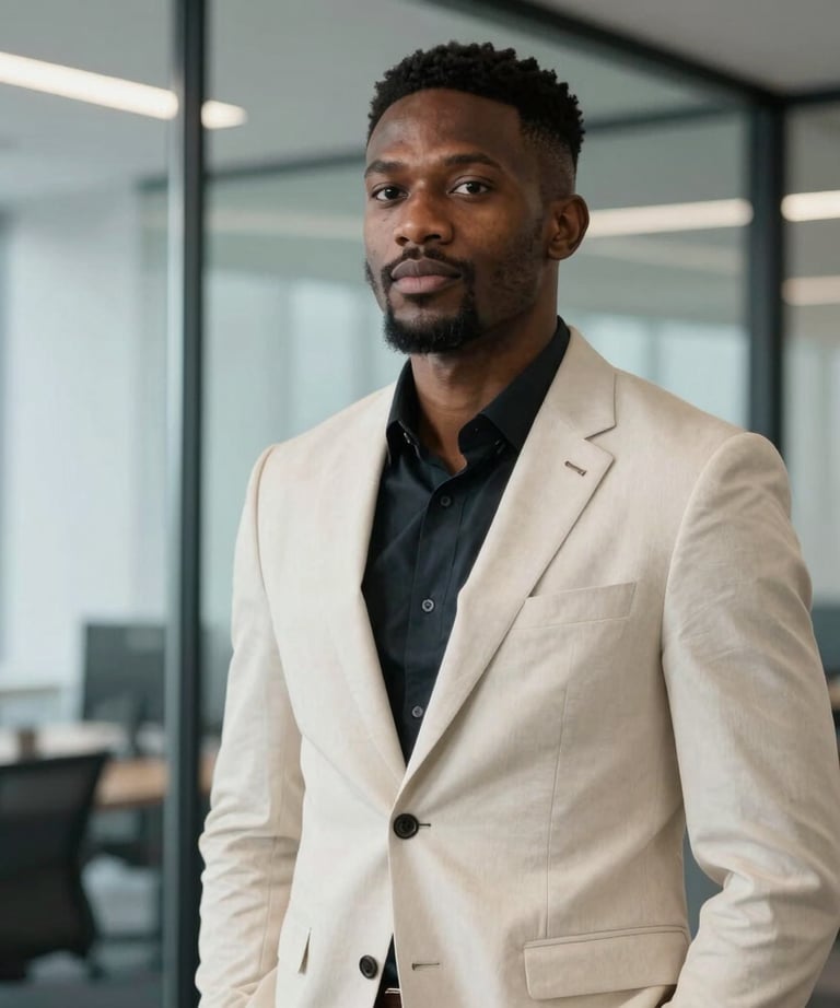 A professional portrait of an African / Pan-African man in a stylish off-white blazer, standing in a brightly lit modern office with glass walls, looking energetic and approachable.