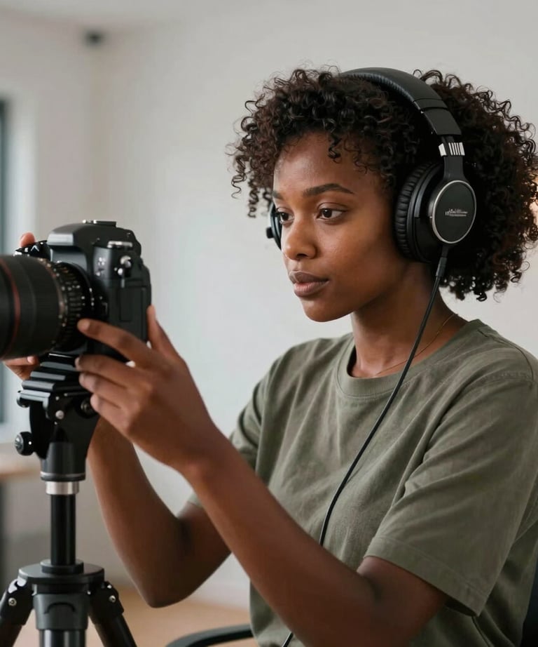 Portrait of an African / Pan-African woman wearing professional headphones, looking focused while adjusting a large studio camera in a modern media room.