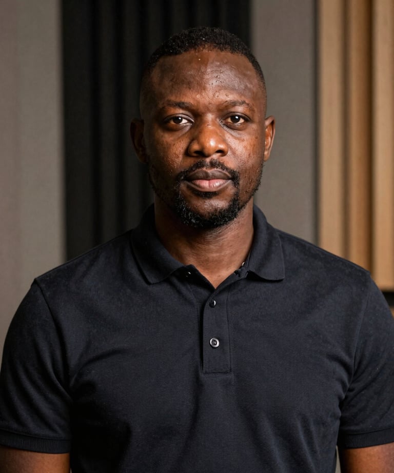 A professional portrait of an African / Pan-African man in a dark polo shirt, standing in front of a background of acoustic studio panels.
