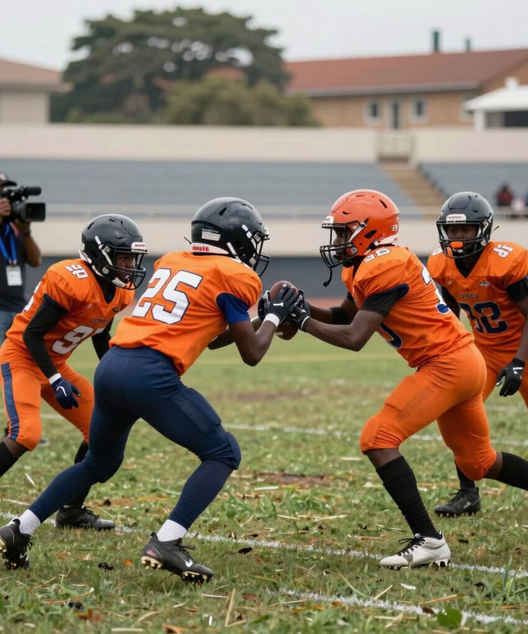 A high-action photograph of a youth football tournament in an African / Pan-African urban stadium. Young players in vibrant orange jerseys are competing intensely as a professional camera crew films from the sidelines.